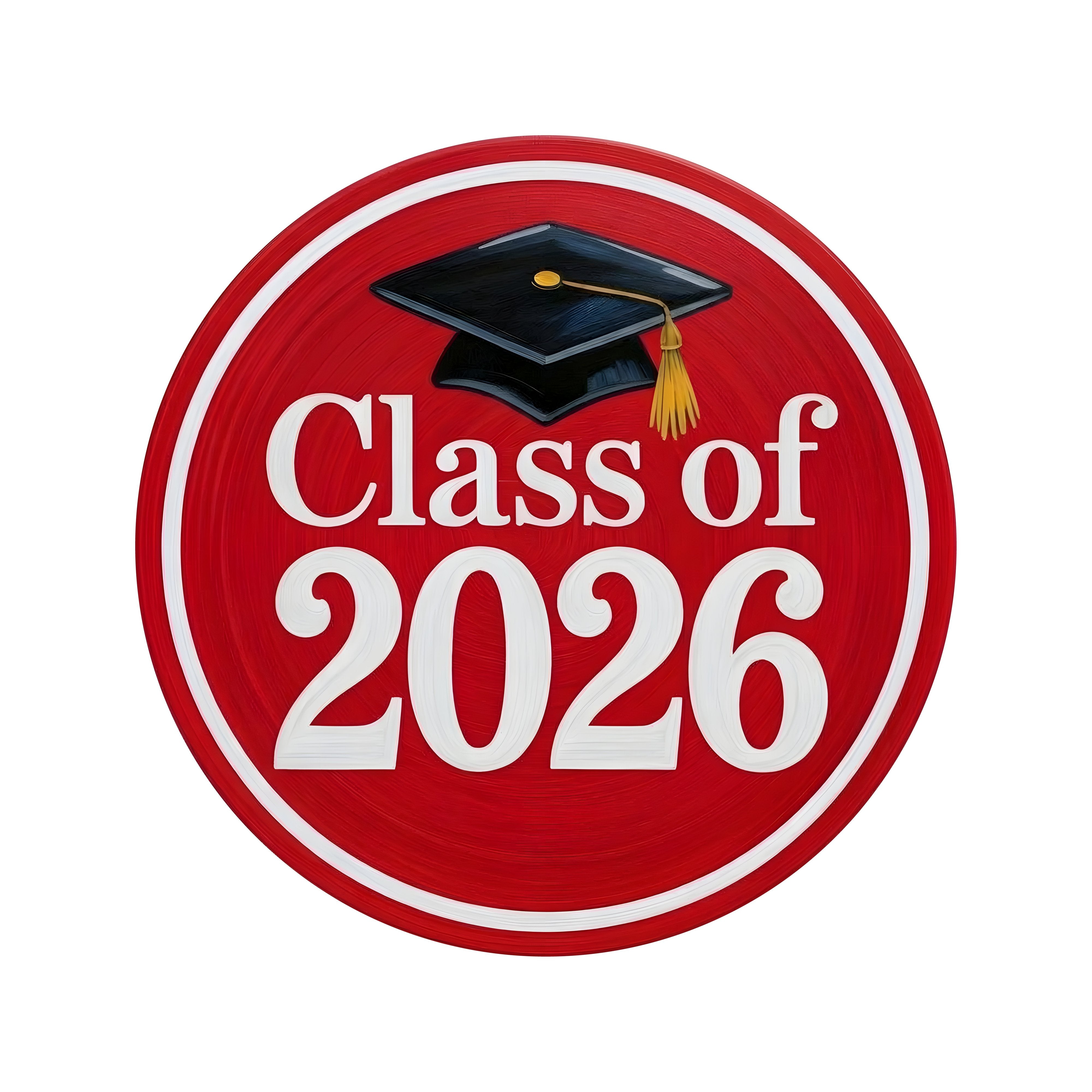 8.5" Round Waterproof Sign: Red & White Graduation Cap 2026 Item Number: CD1275NH-085