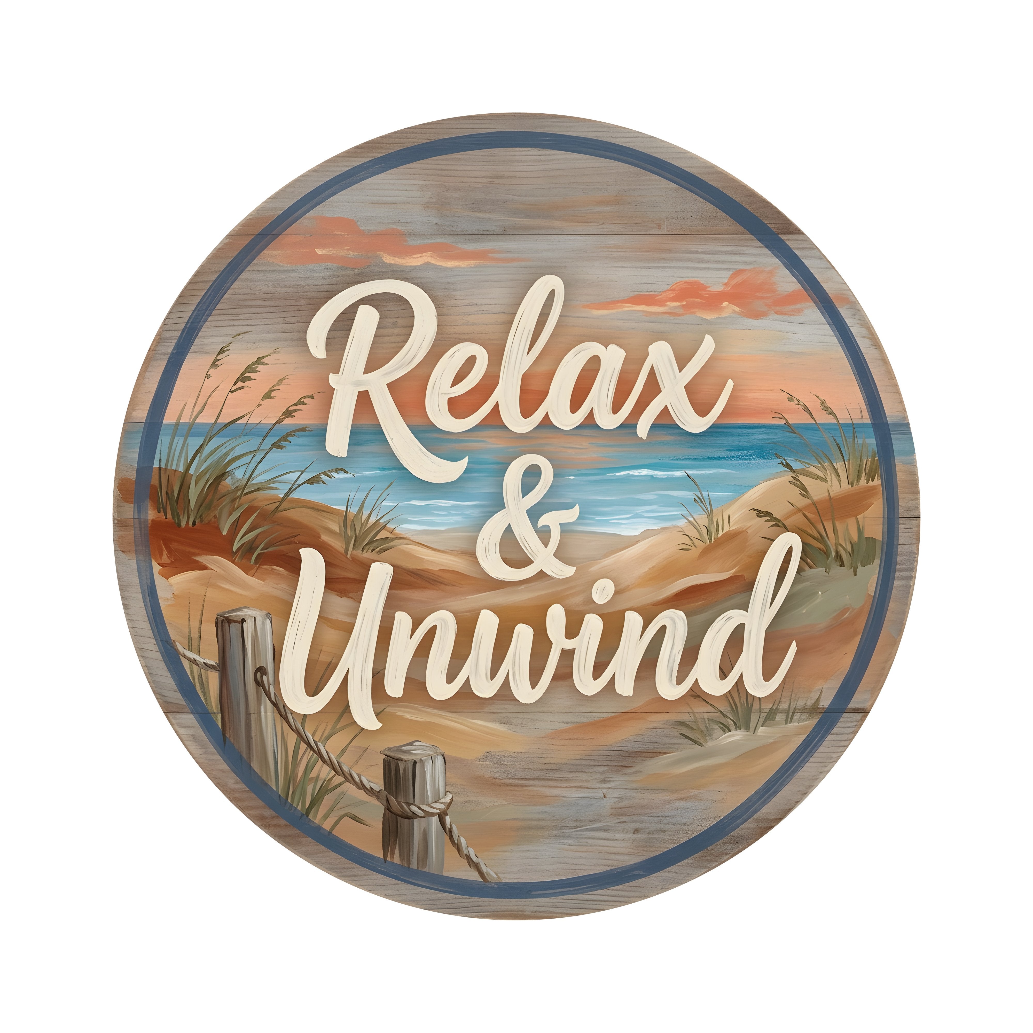 8.5" Round Waterproof Sign: Relax & Unwind Beach Scene Item Number: CD1375NH-085