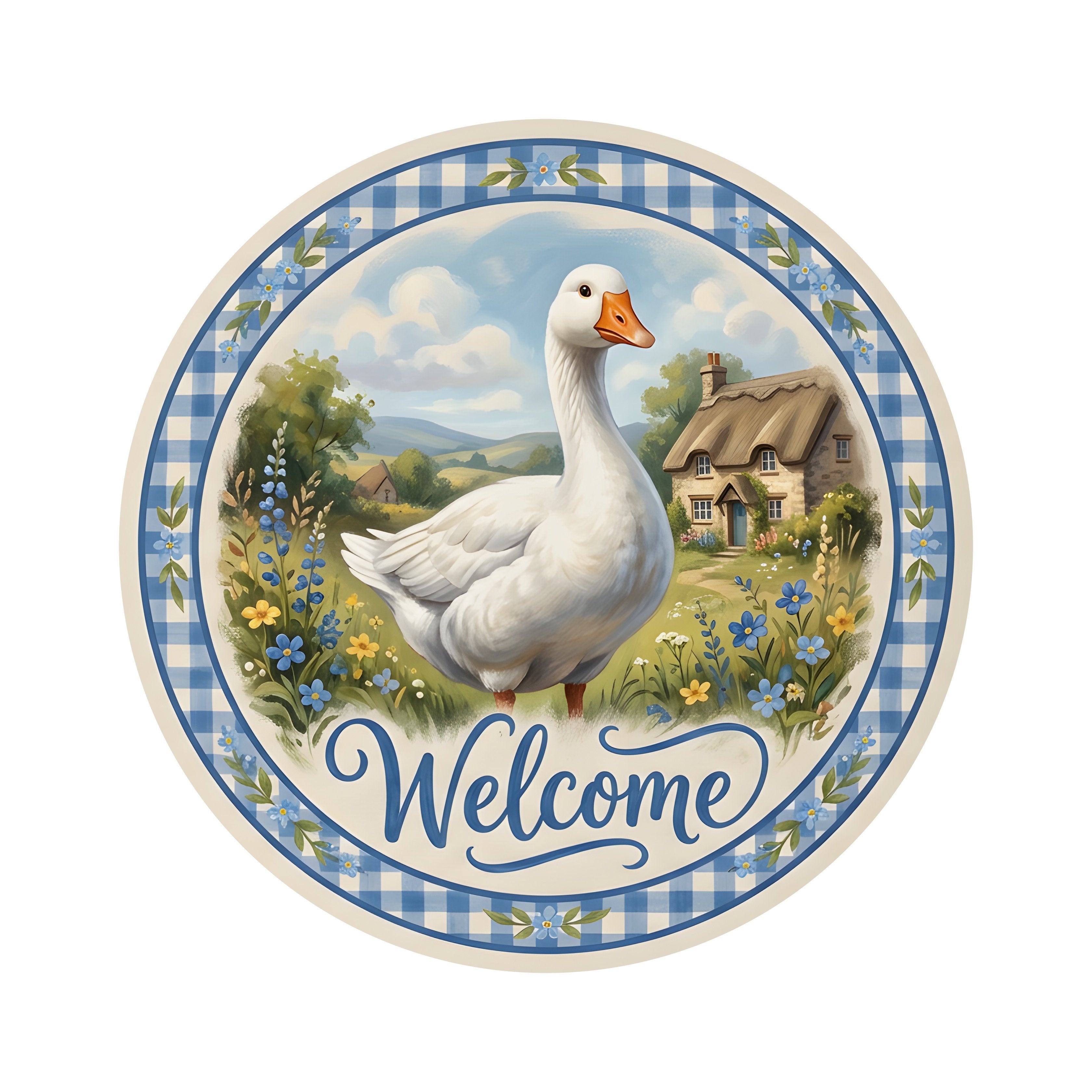 8.5" Round Waterproof Sign: White Goose Cottage Welcome Item Number: CD1380NH-085