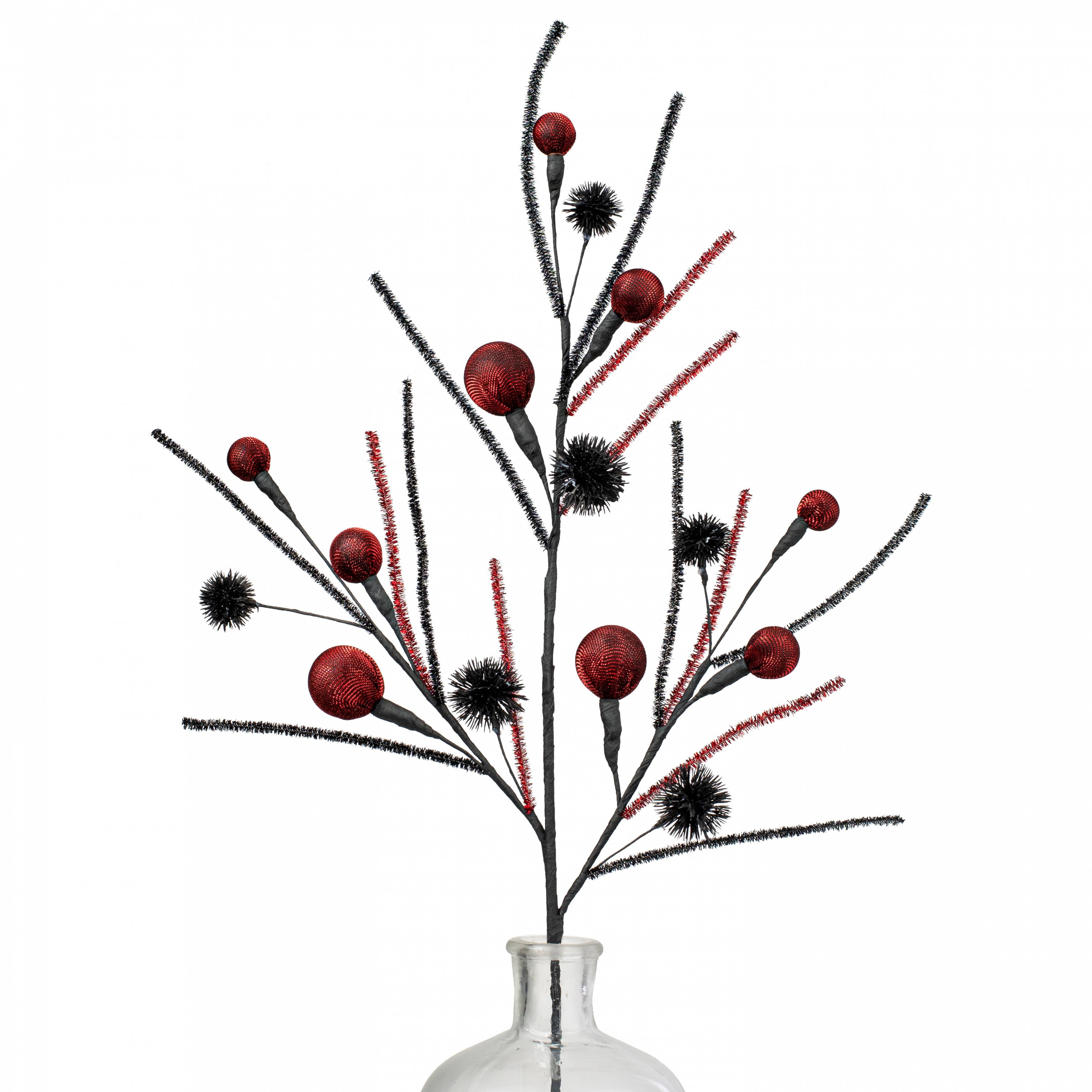 27" Metallic Fabric Ball & Thistle Spray: Red & Black