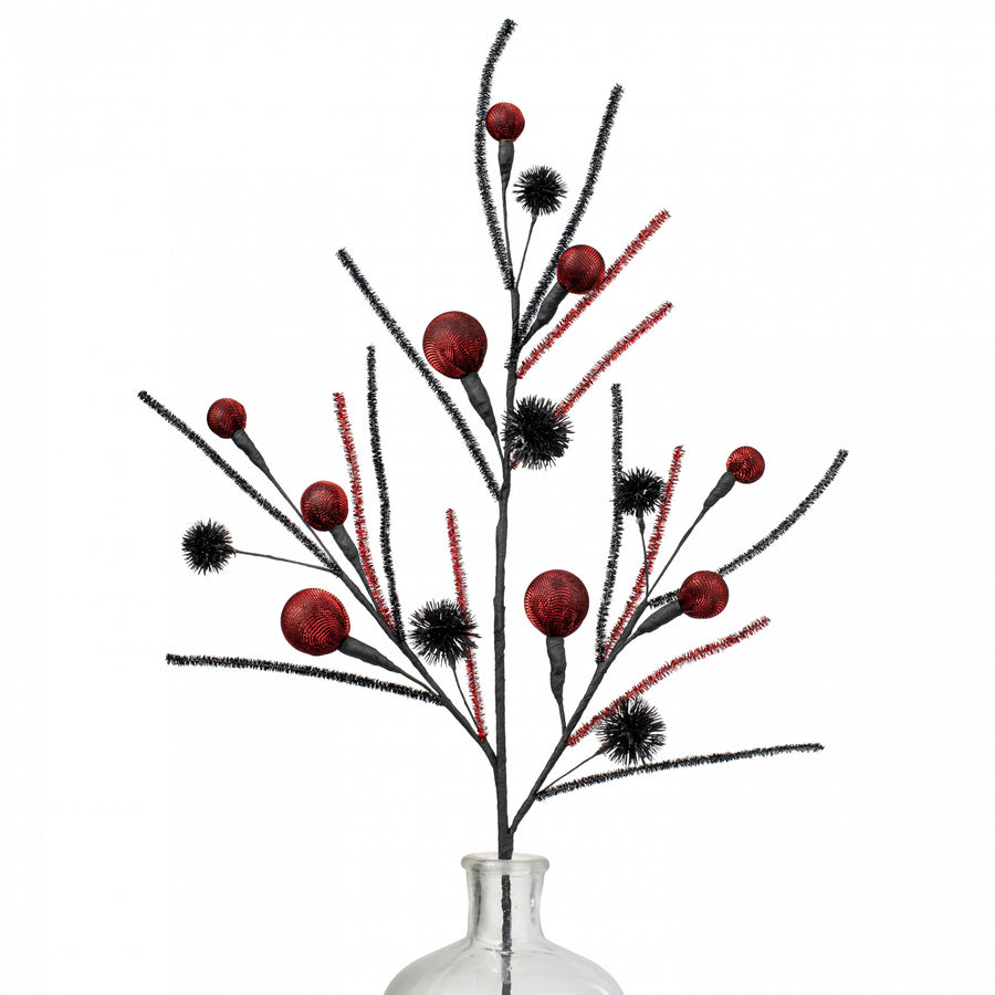 27" Metallic Fabric Ball & Thistle Spray: Red & Black