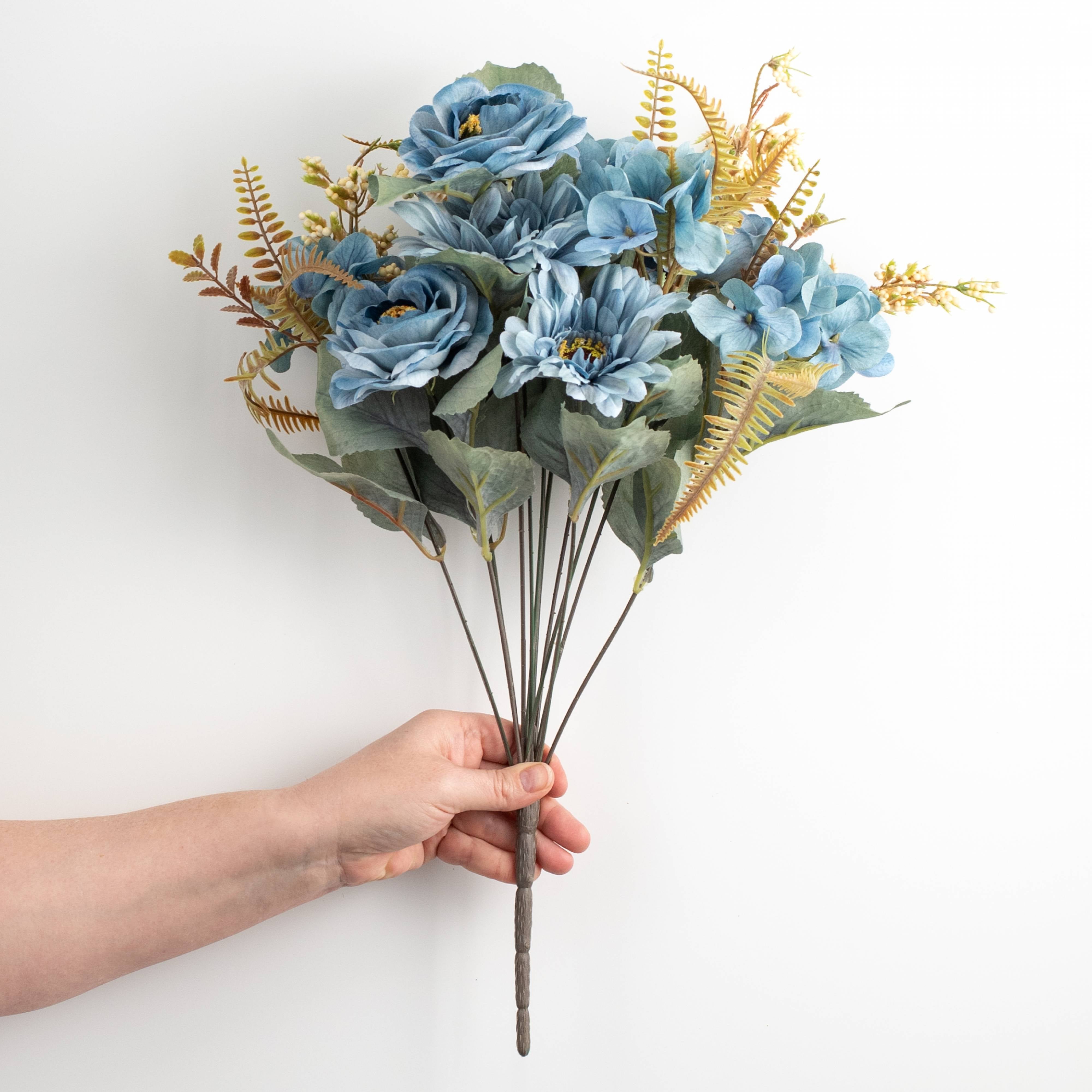 18" Camelia & Gerbera Daisy Bush: Variegated Blue