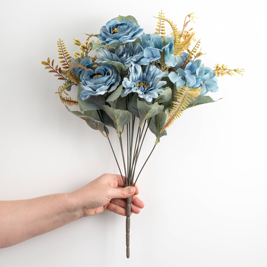 18" Camelia & Gerbera Daisy Bush: Variegated Blue
