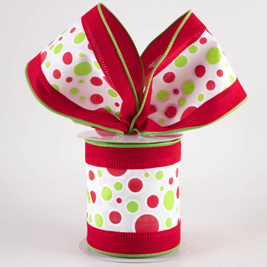 4" Velvet Edge Polka Dots Ribbon: Red, Lime & White (10 Yards)