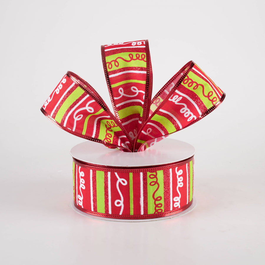 1.5" Glittered Loopy Stripes Ribbon: Red & Green (10 Yards)