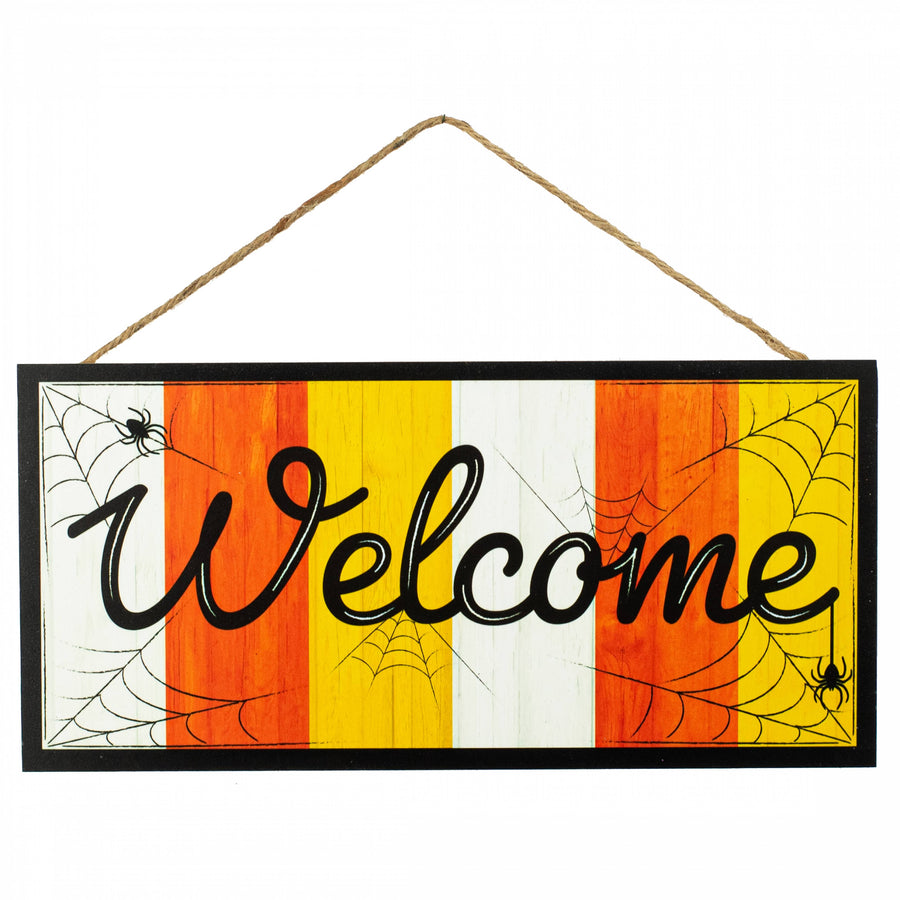12" Wooden Sign: Candy Corn Spiderweb Welcome