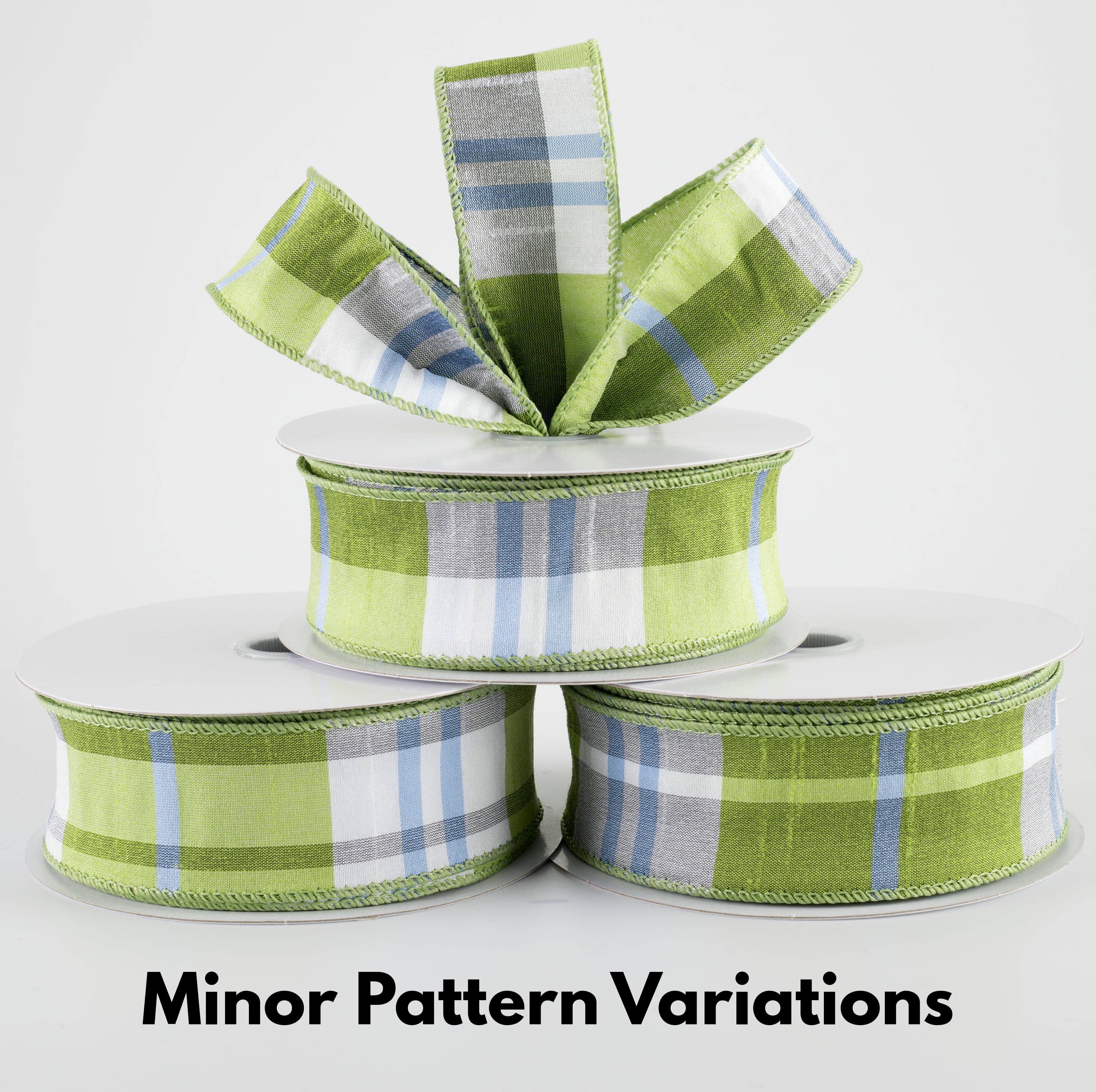 1.5" Faux Dupioni Plaid Ribbon: Kiwi Green, Iris Blue & White (25 Yards)