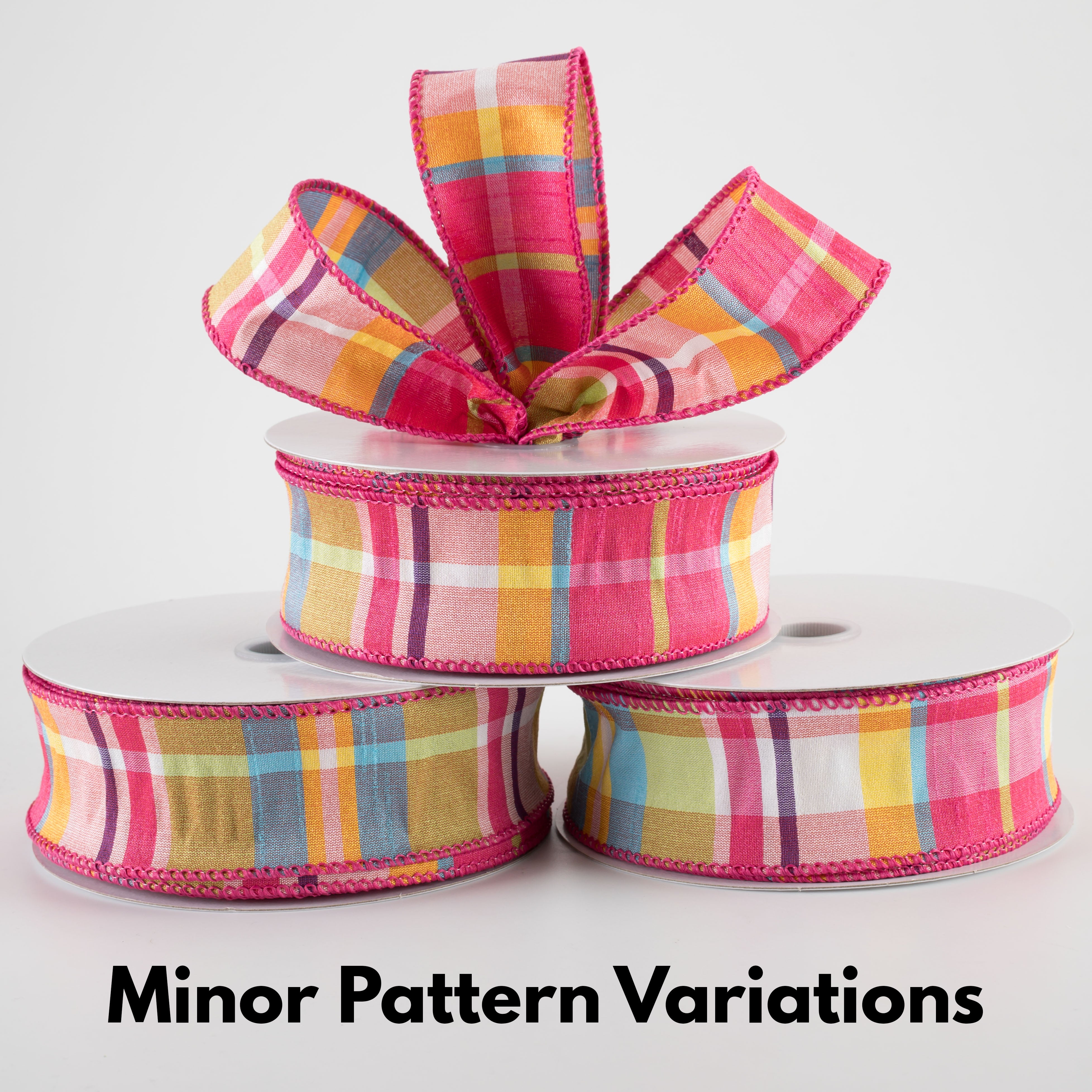 1.5" Faux Dupioni Plaid Ribbon: Fuchsia, Lime, Blue & Yellow (25 Yards)