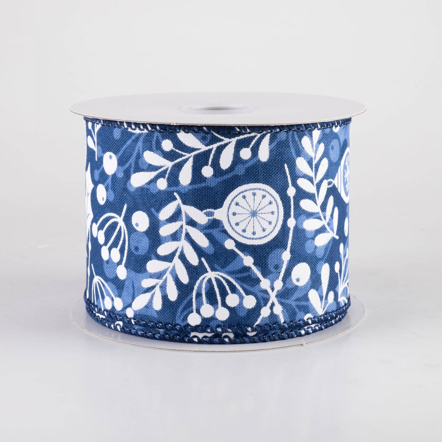 2.5" Overlay Leaves Ornaments Ribbon: Navy, Blue & White (10 Yards)