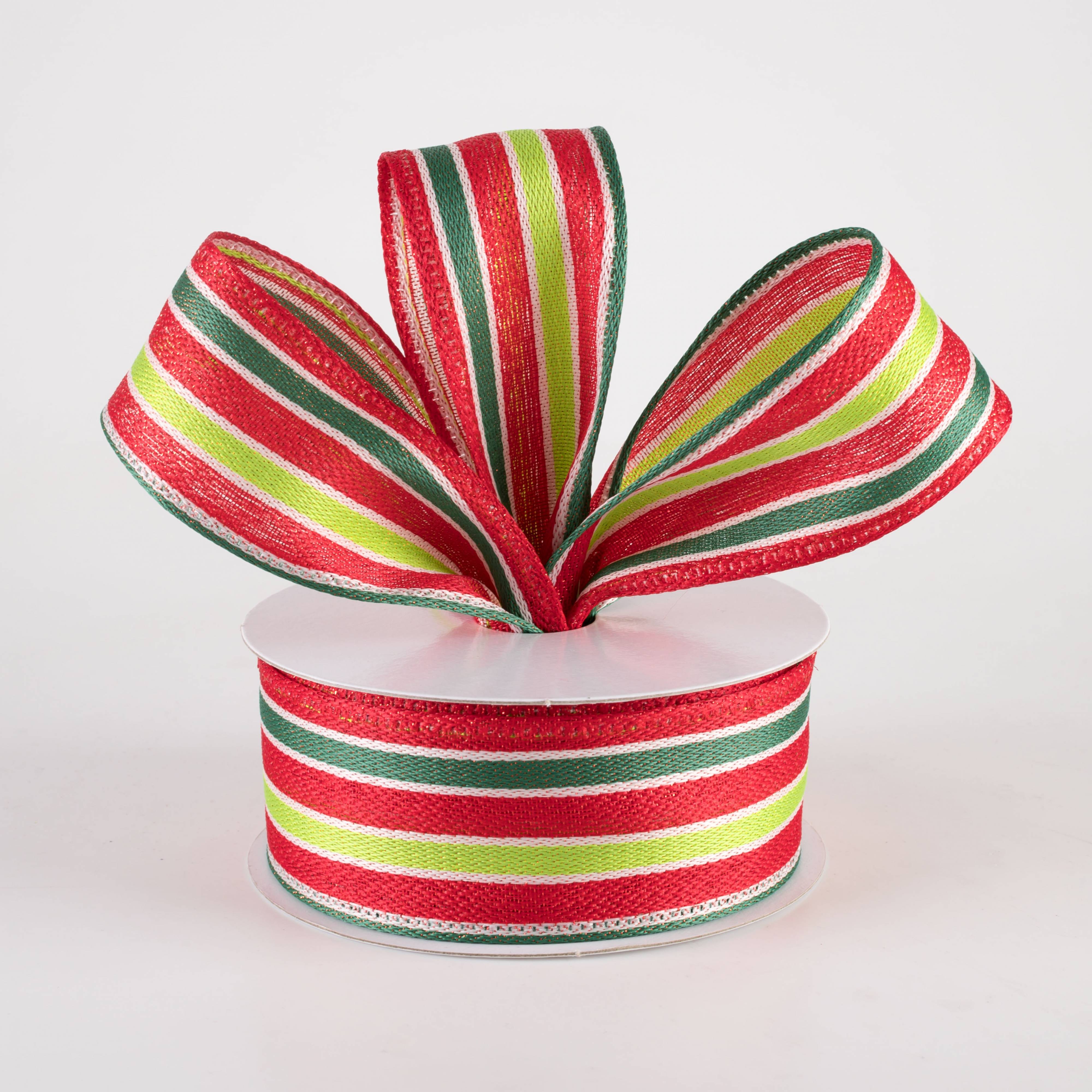 1.5" Metallic Woven Cabana Stripe Ribbon: Red, Green & White (10 Yards)