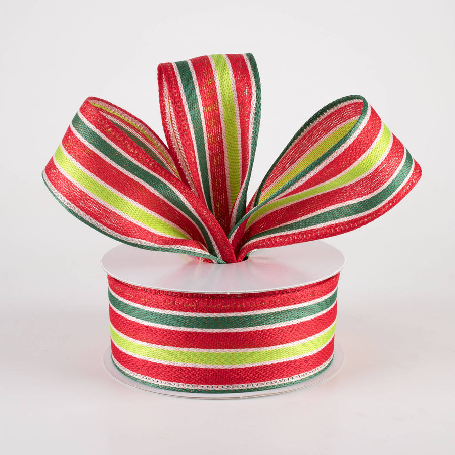 1.5" Metallic Woven Cabana Stripe Ribbon: Red, Green & White (10 Yards)