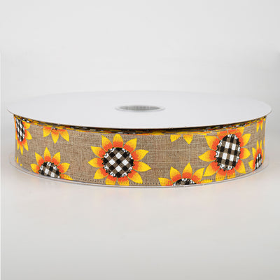 1.5" Linen Buffalo Plaid Sunflower Ribbon: Natural (50 Yards)