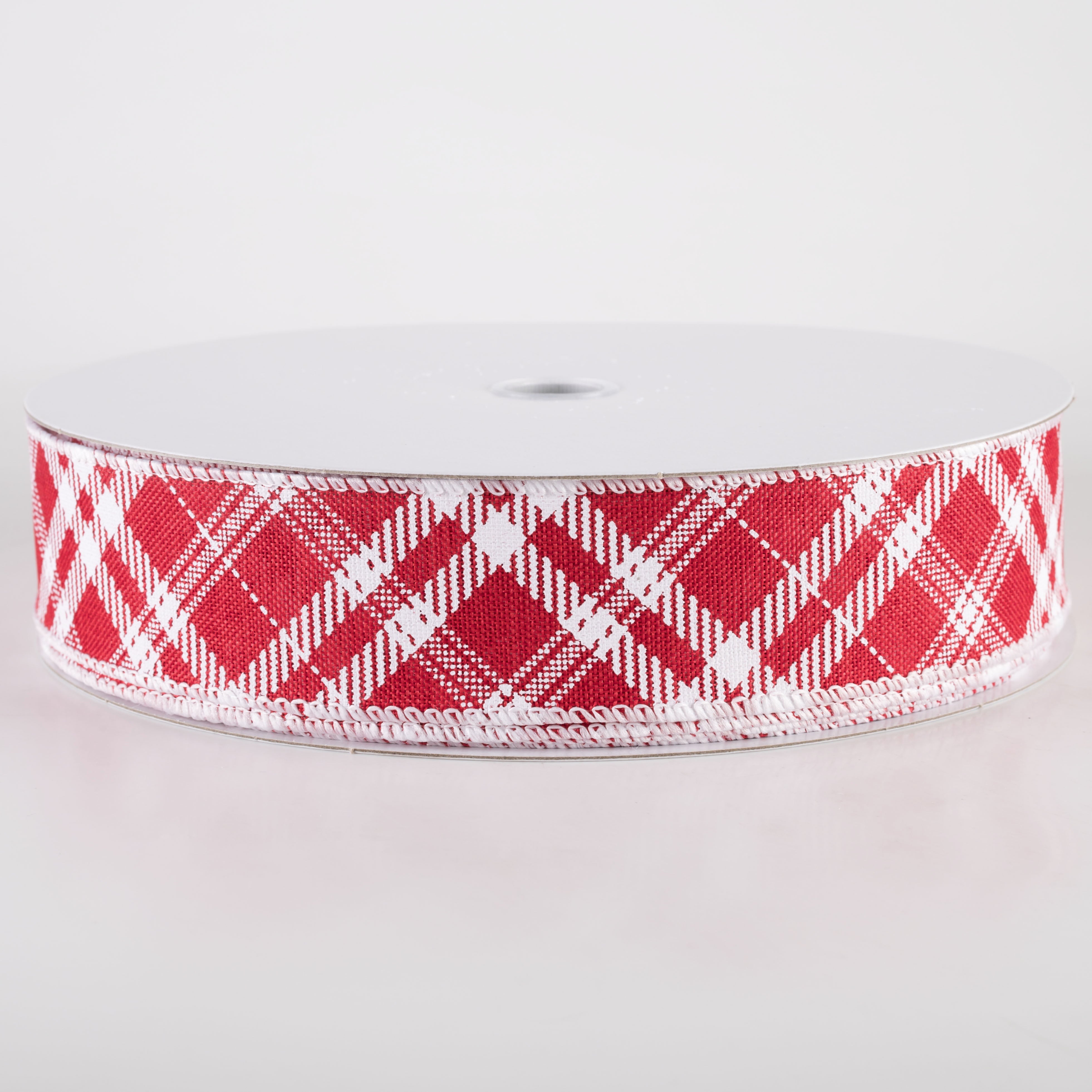 1.5" Linen Hazel Diagonal Plaid Ribbon: Red (50 Yards)