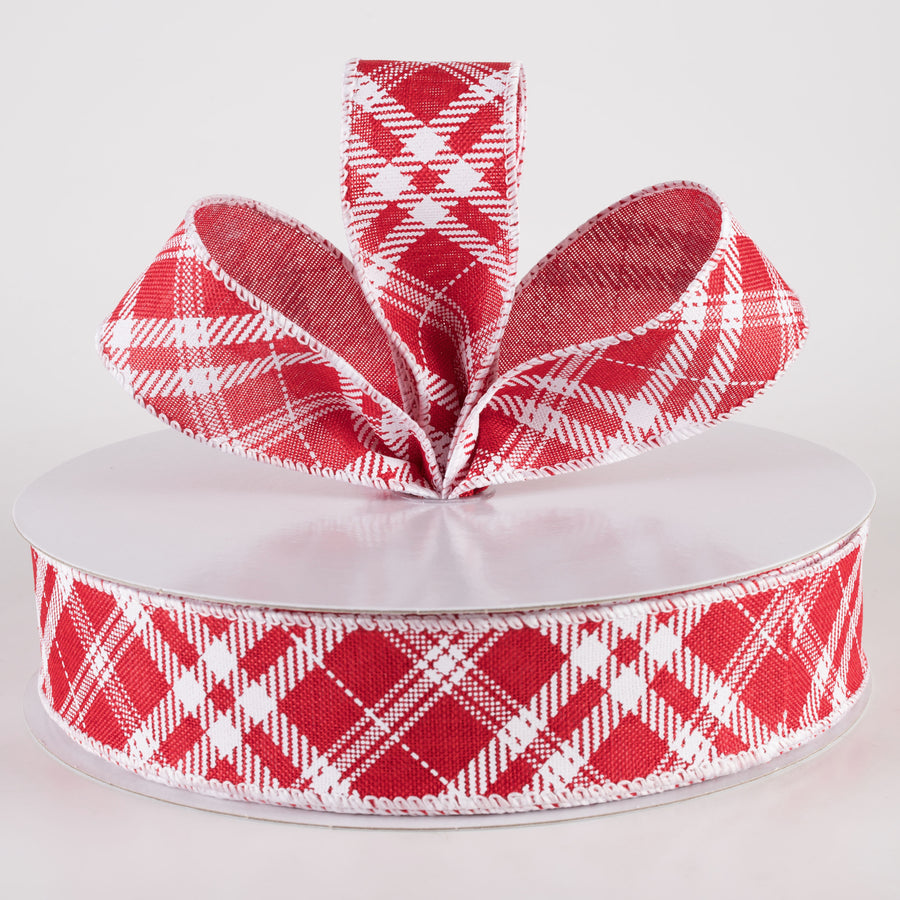 1.5" Linen Hazel Diagonal Plaid Ribbon: Red (50 Yards)