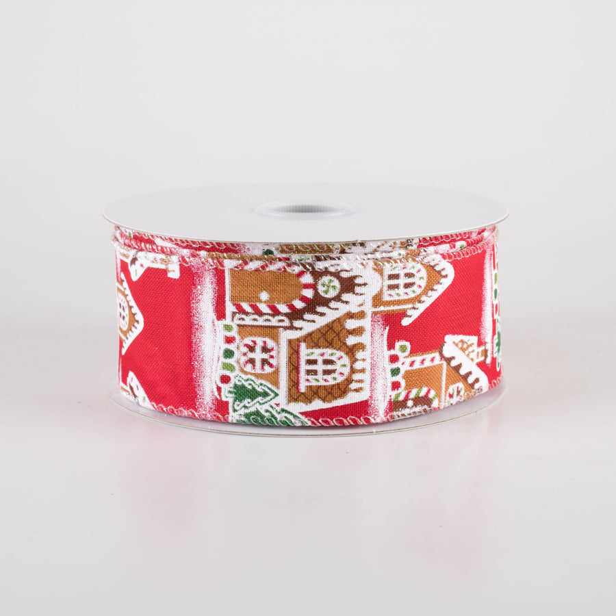 1.5" Gingerbread Mansion House Ribbon: Red (10 Yards)