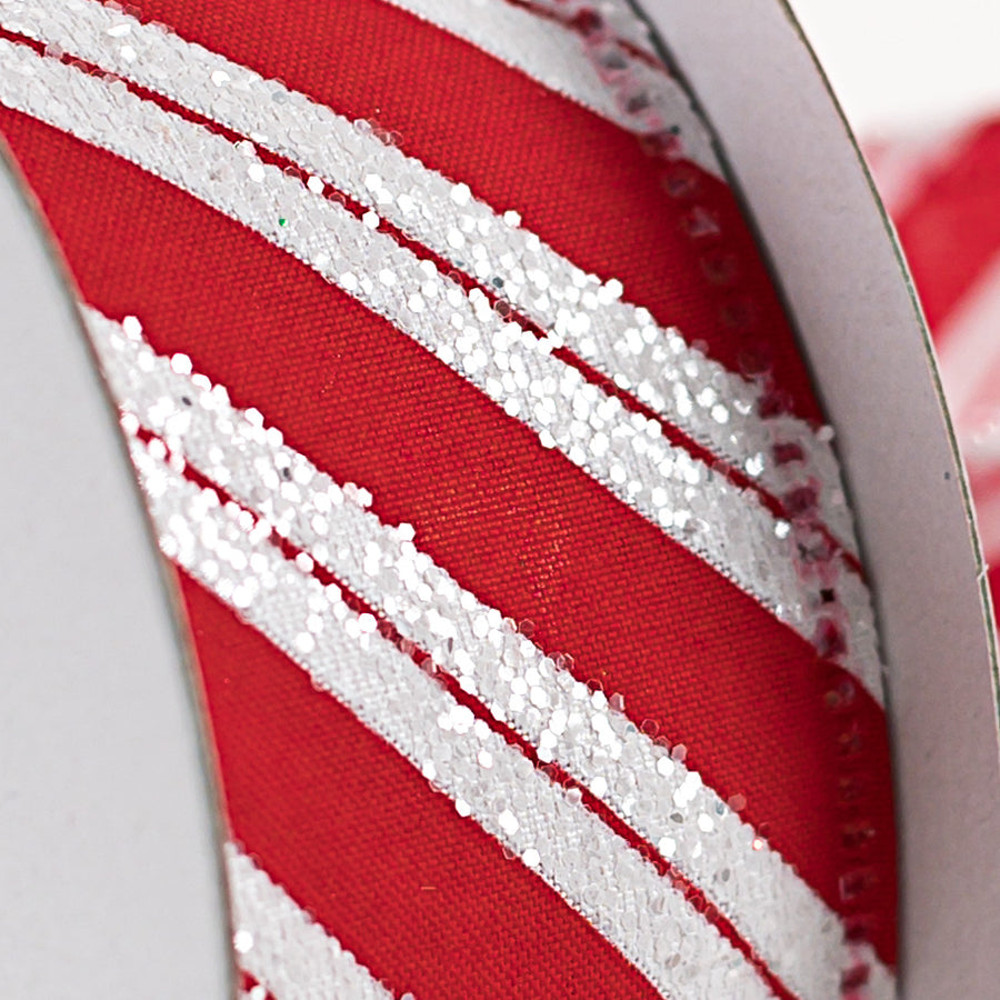 1.5" Hex Glitter Satin Candy Cane Stripes Ribbon (10 Yards)