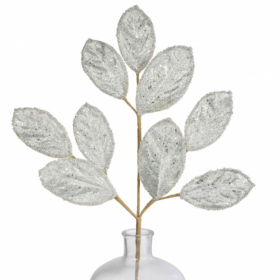 27" Beaded Glitter Leaf Spray: Platinum Silver
