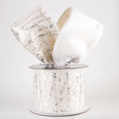 4" Designer Faux Fur & Sequin Shimmer Ribbon: Ivory (5 Yards)