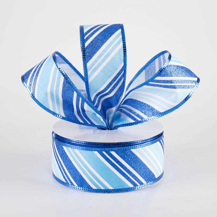 1.5" Glitter Candy Cane Stripe Ribbon: White & Blues (10 Yards)