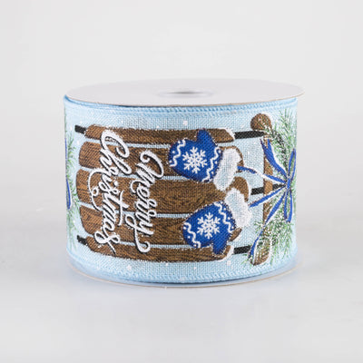 2.5" Linen Merry Christmas Sled & Mittens Ribbon: Light Blue (10 Yards)