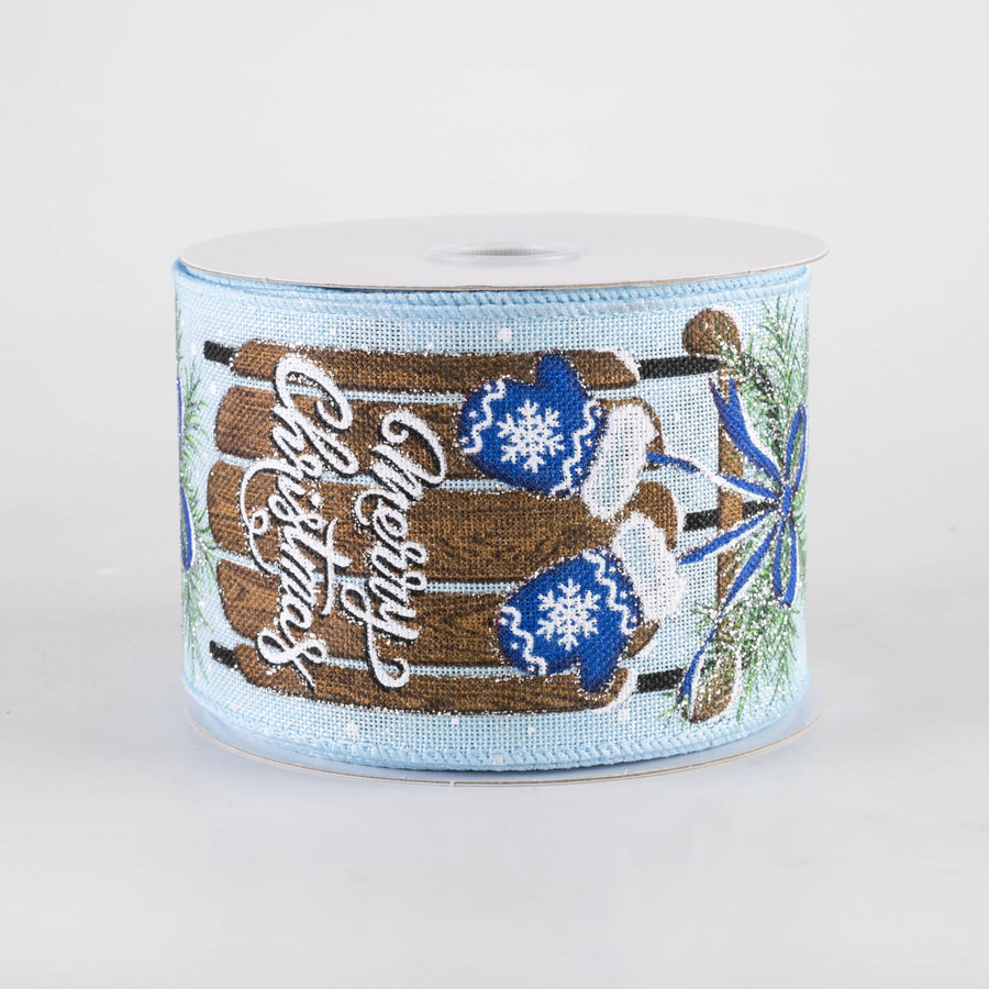 2.5" Linen Merry Christmas Sled & Mittens Ribbon: Light Blue (10 Yards)