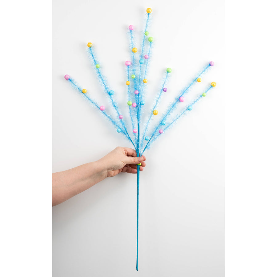 31" Tinsel & Glitter Balls Filler Spray: Blue & Multicolor Candy