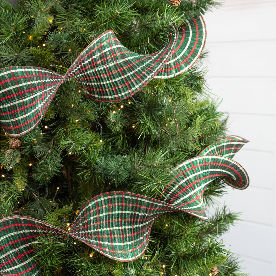 5" Pleated Plaid Ribbon: Emerald, Red & White (5 Yards)