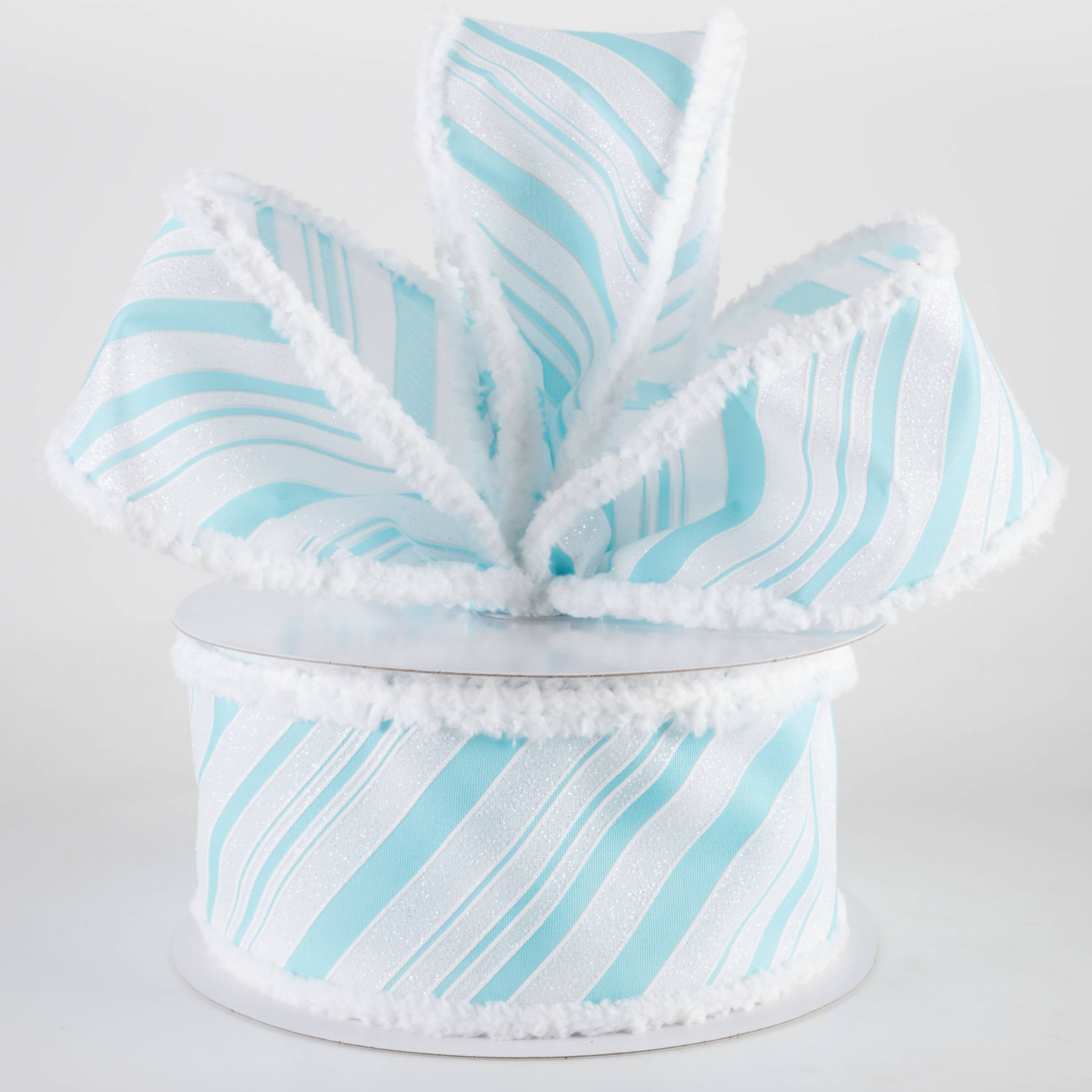 2.5" Iridescent Diagonal Stripe Candy Cane Snow Edge Ribbon: Blue & White (10 Yards)