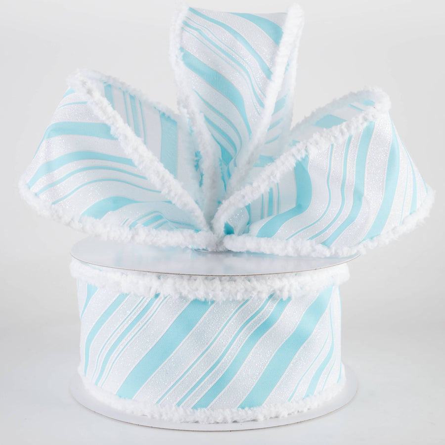 2.5" Iridescent Diagonal Stripe Candy Cane Snow Edge Ribbon: Blue & White (10 Yards)