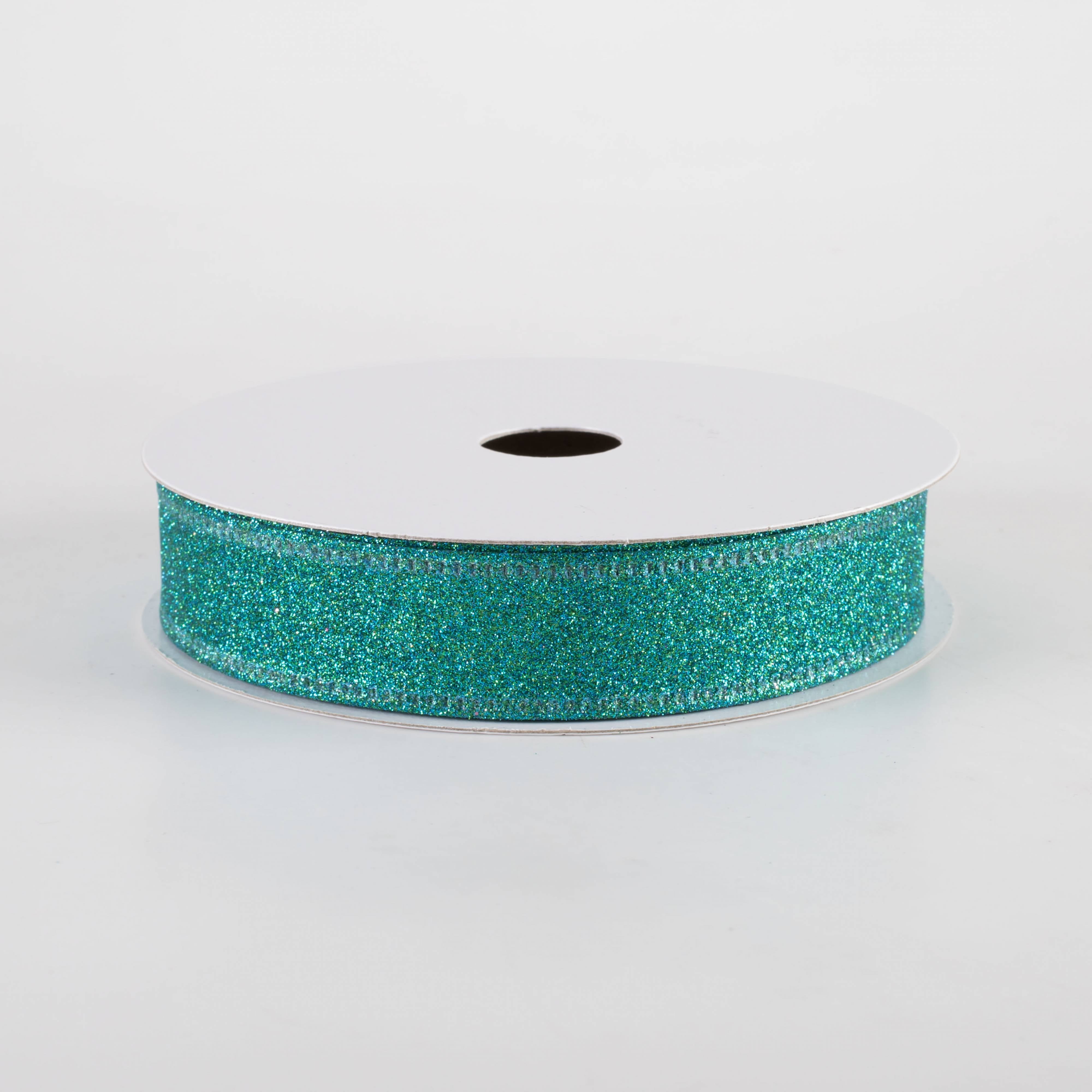 7/8" All Flat Glitter Wired Ribbon: Teal (10 Yards)