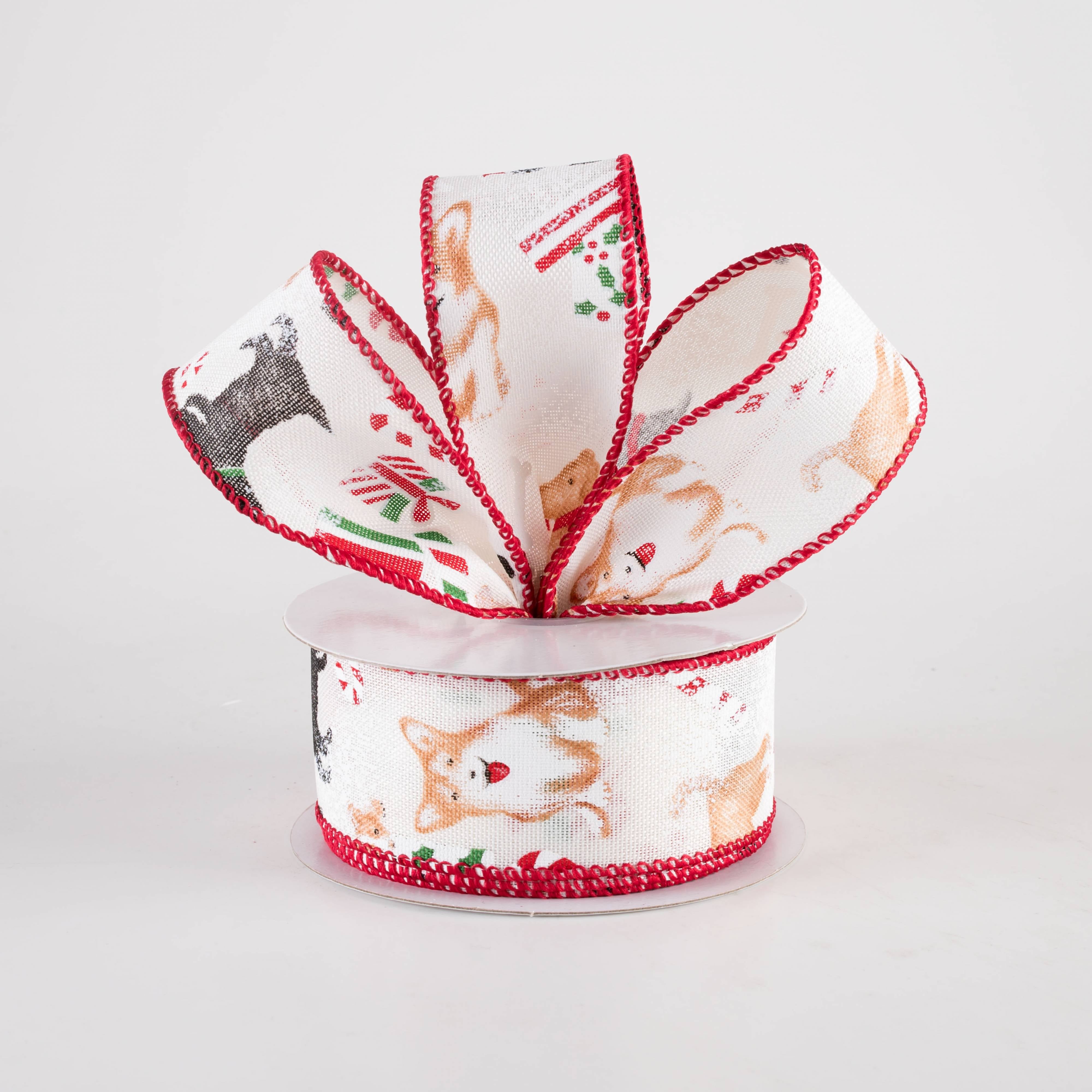 1.5" Linen Dogs Playing On Christmas Ribbon: Ivory (10 Yards)