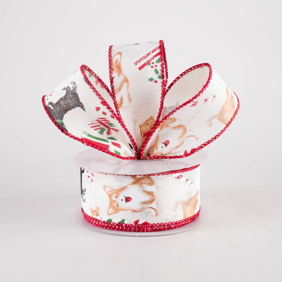 1.5" Linen Dogs Playing On Christmas Ribbon: Ivory (10 Yards)