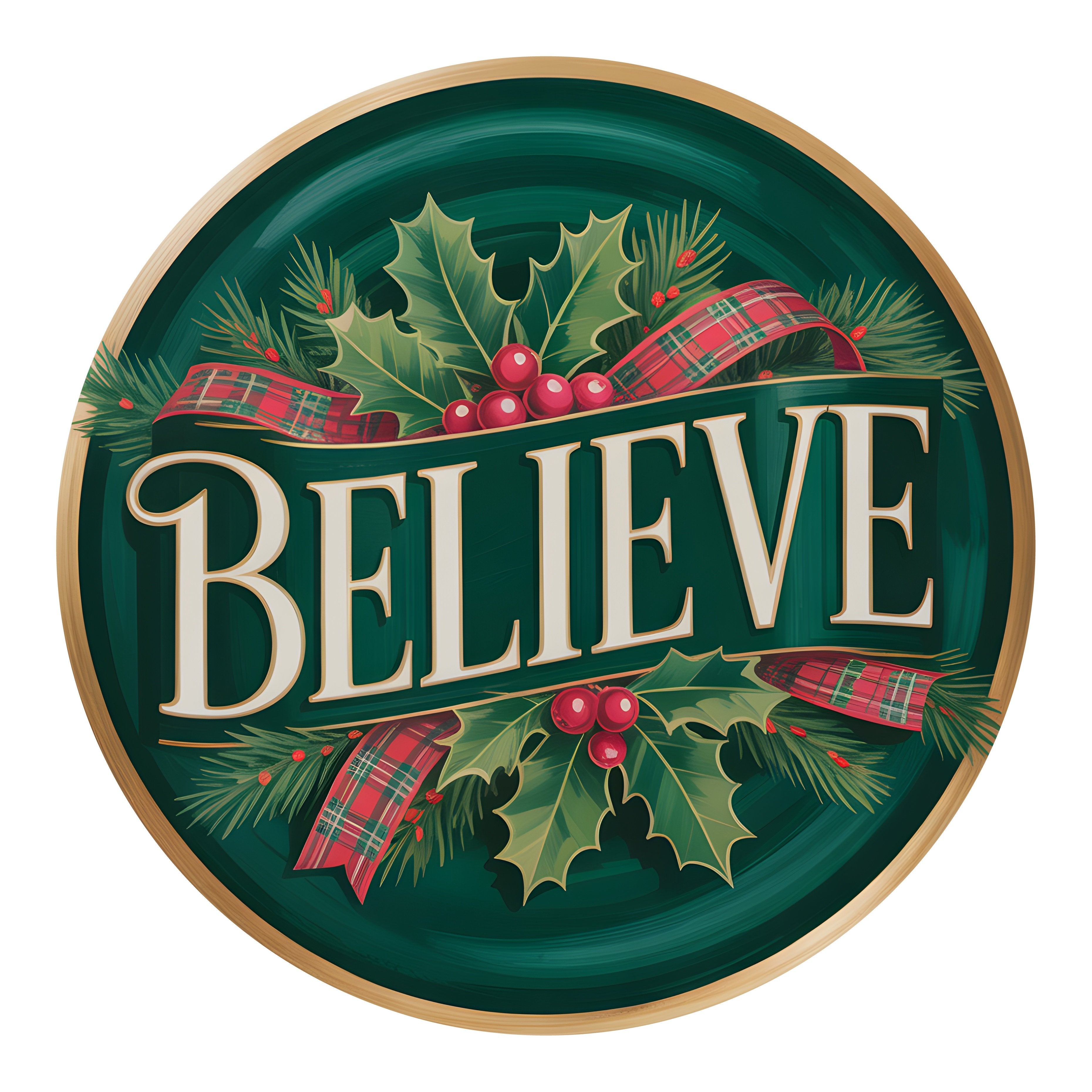 9.4" Round Waterproof Sign: Green Jewel Tone Plaid Believe Item Number: CD1450NH-094