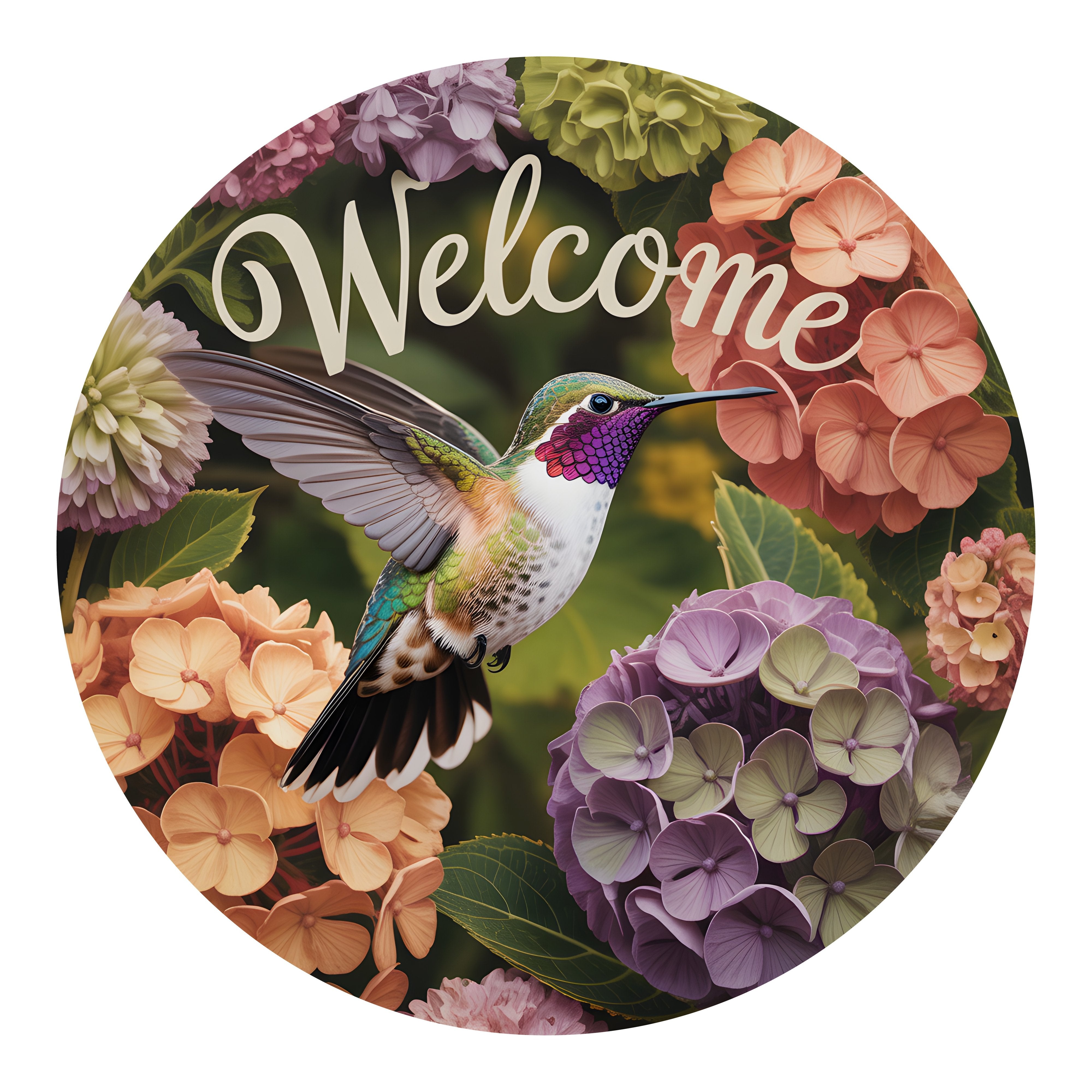 9.4" Round Waterproof Sign: Hummingbird Hydrangea Garden Welcome Item Number: CD1398NH-094