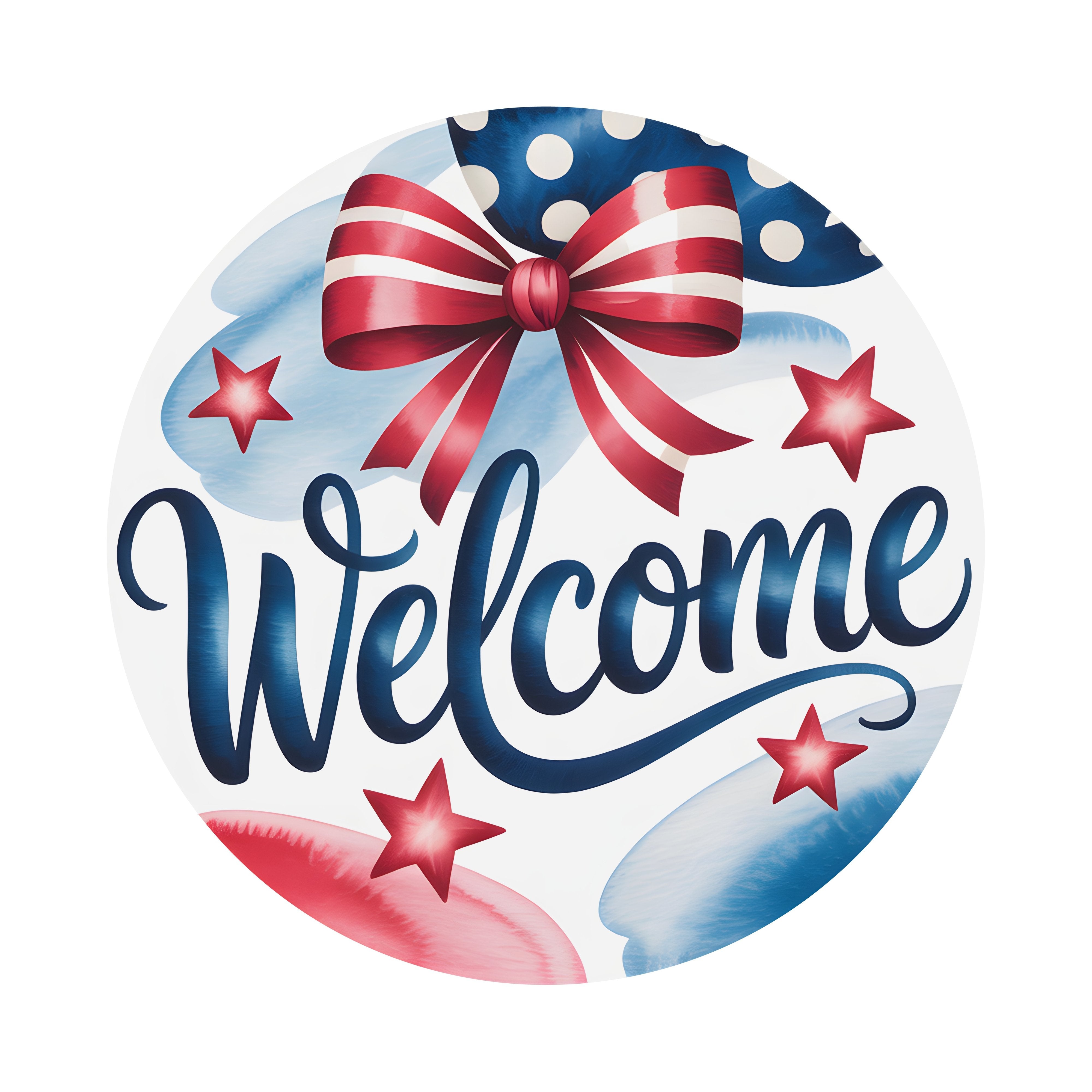 9.4" Round Waterproof Sign: Patriotic Stars and Bow Welcome Item Number: CD1357NH-094