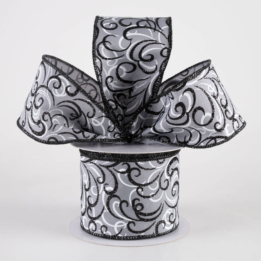 2.5" Glittered Multi Swirls Ribbon: Black & White on Grey (10 Yards)