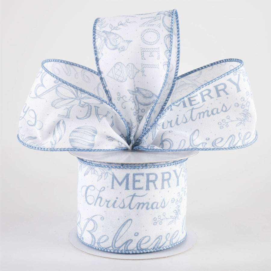 2.5" Linen Vintage Christmas Script Ribbon: Dusty Blue (10 Yards)