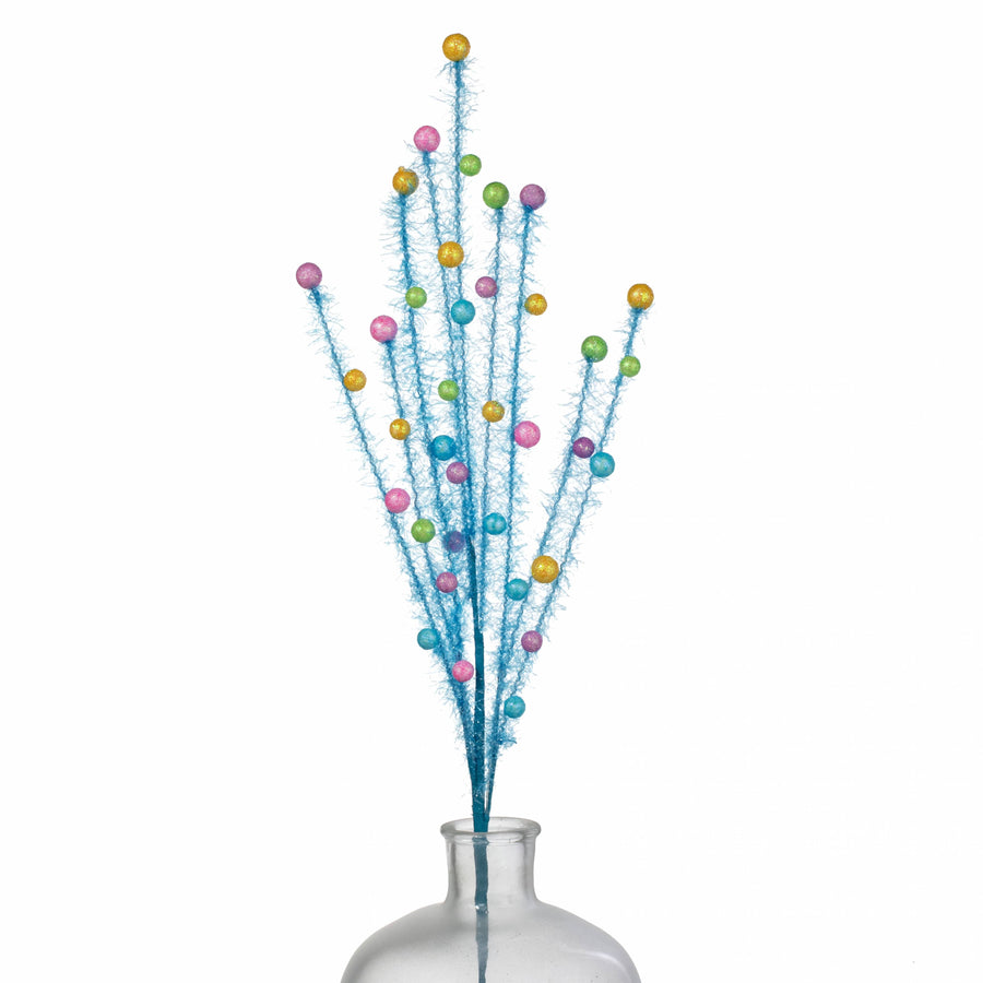 31" Tinsel & Glitter Balls Filler Spray: Blue & Multicolor Candy