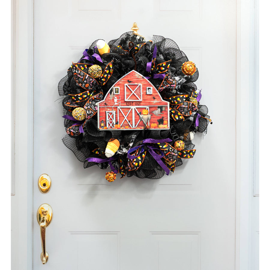 12" Metal Embossed Hanger: Haunted Halloween Barn