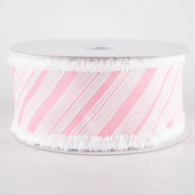 2.5" Iridescent Diagonal Stripe Candy Cane Snow Edge Ribbon: Pink & White (10 Yards)