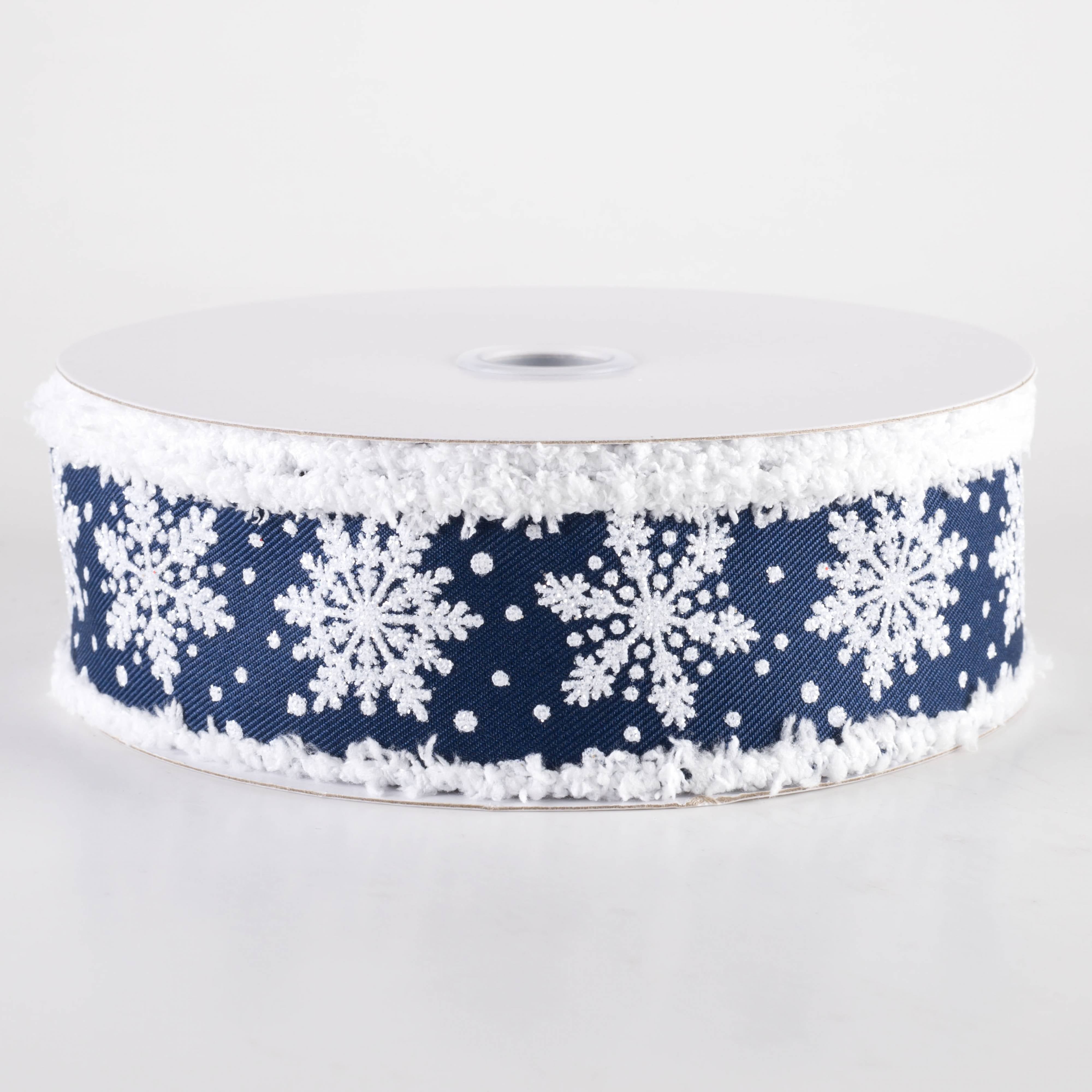 1.5" Snowflakes on Drift Fuzzy Edge Ribbon: Navy Blue (10 Yards)