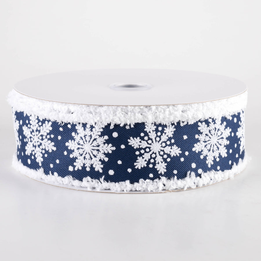 1.5" Snowflakes on Drift Fuzzy Edge Ribbon: Navy Blue (10 Yards)