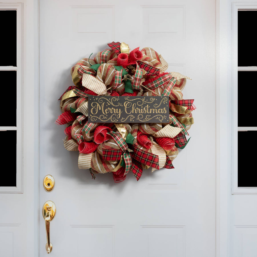 15" Wooden Sign: Merry Christmas Glitter Swirls - Black & Gold