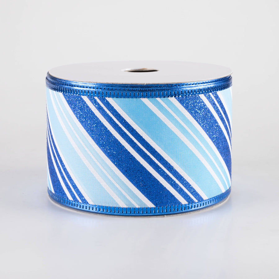2.5" Glitter Candy Cane Stripe Ribbon: White & Blues (10 Yards)