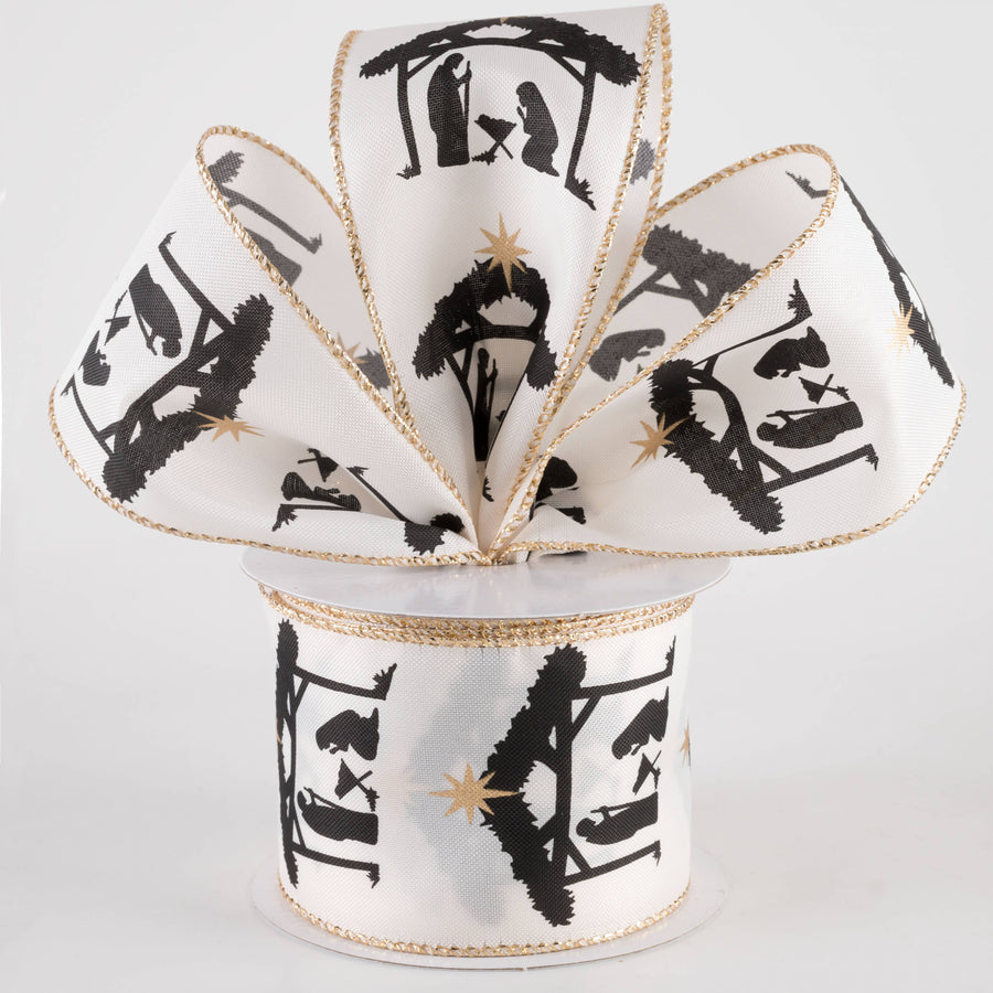 2.5" Satin Nativity Scene Ribbon: Black on Ivory (10 Yards)