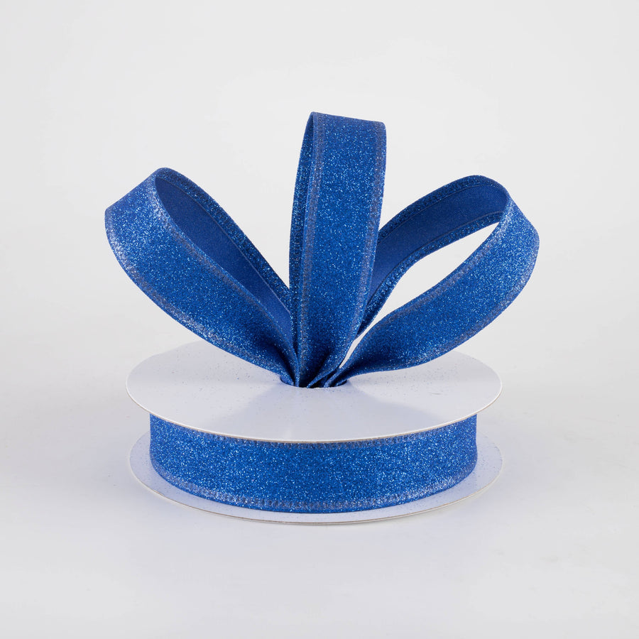7/8" All Flat Glitter Wired Ribbon: Royal Blue (10 Yards)
