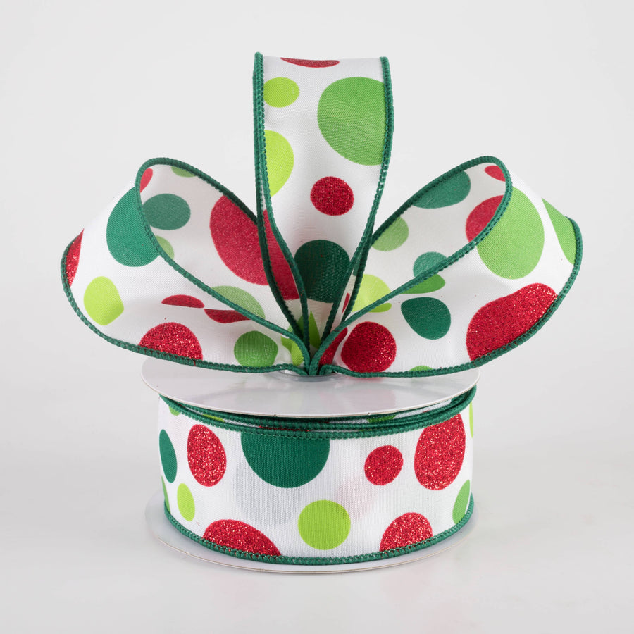 1.5" Varied Polka Dots Ribbon: Red, Lime & Emerald on White (10 Yards)