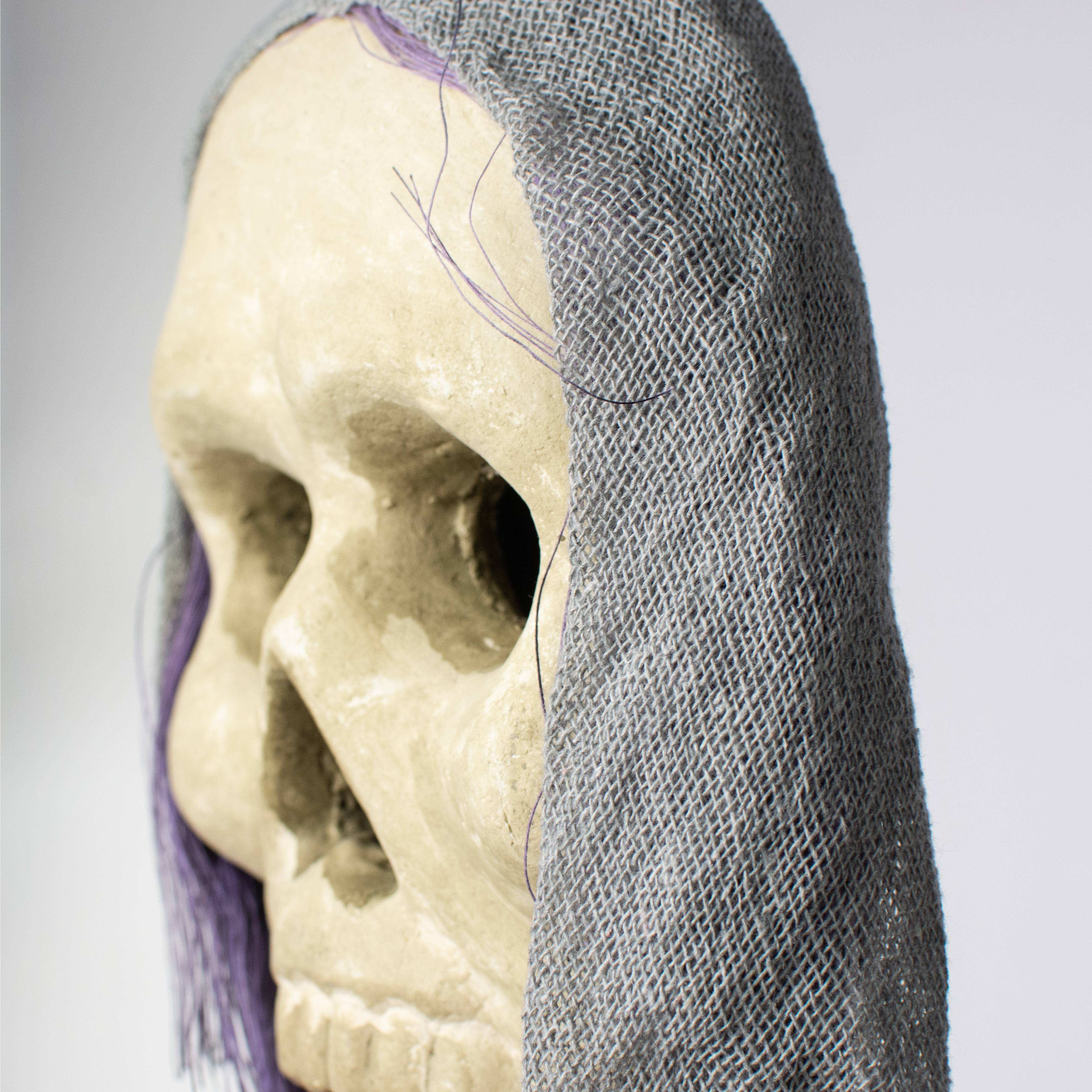 20" x 6" Styrofoam & Burlap Witch Skull: Grey & Purple