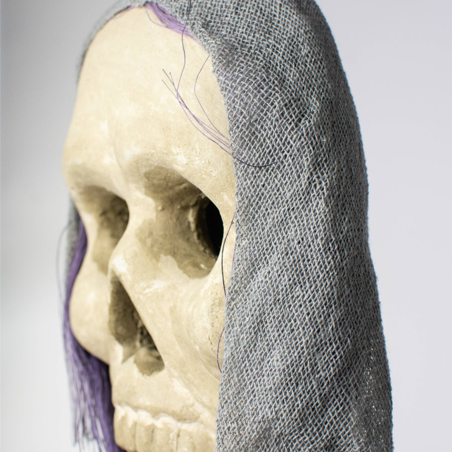 20" x 6" Styrofoam & Burlap Witch Skull: Grey & Purple