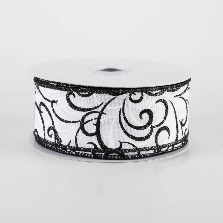 1.5" Glittered Multi Swirls Ribbon: Black on White (10 Yards)